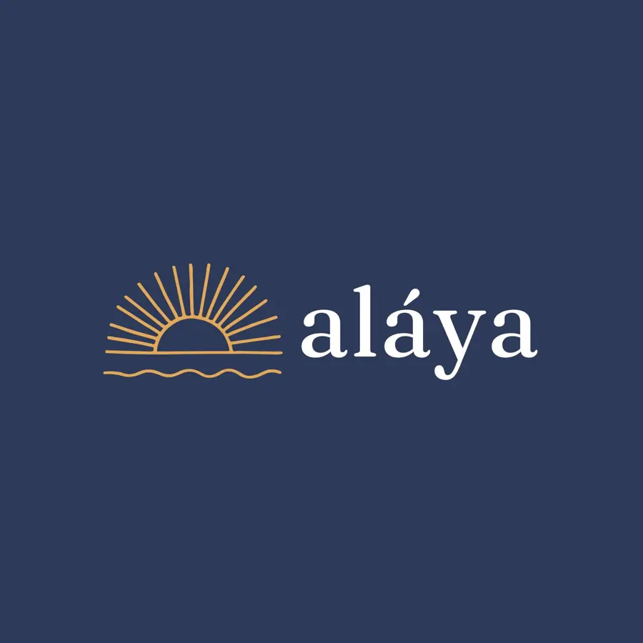 The Alaya logo, a hand-drawn sun over the sea, on dark indigo