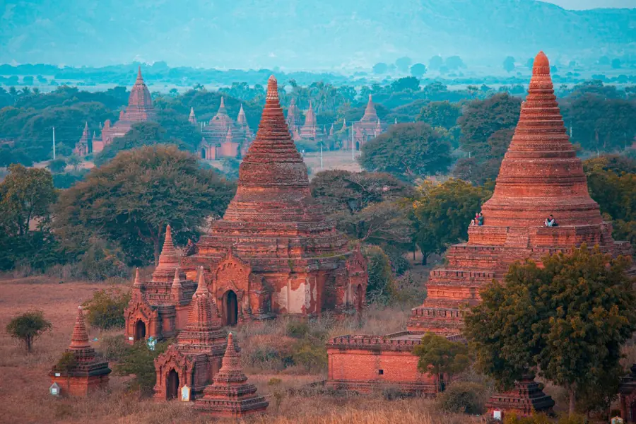 Ancient stupas of Old Bagan, Myanmar, at sunrise.