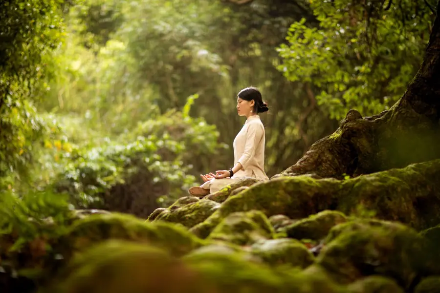 A woman meditating in a mossy forest.